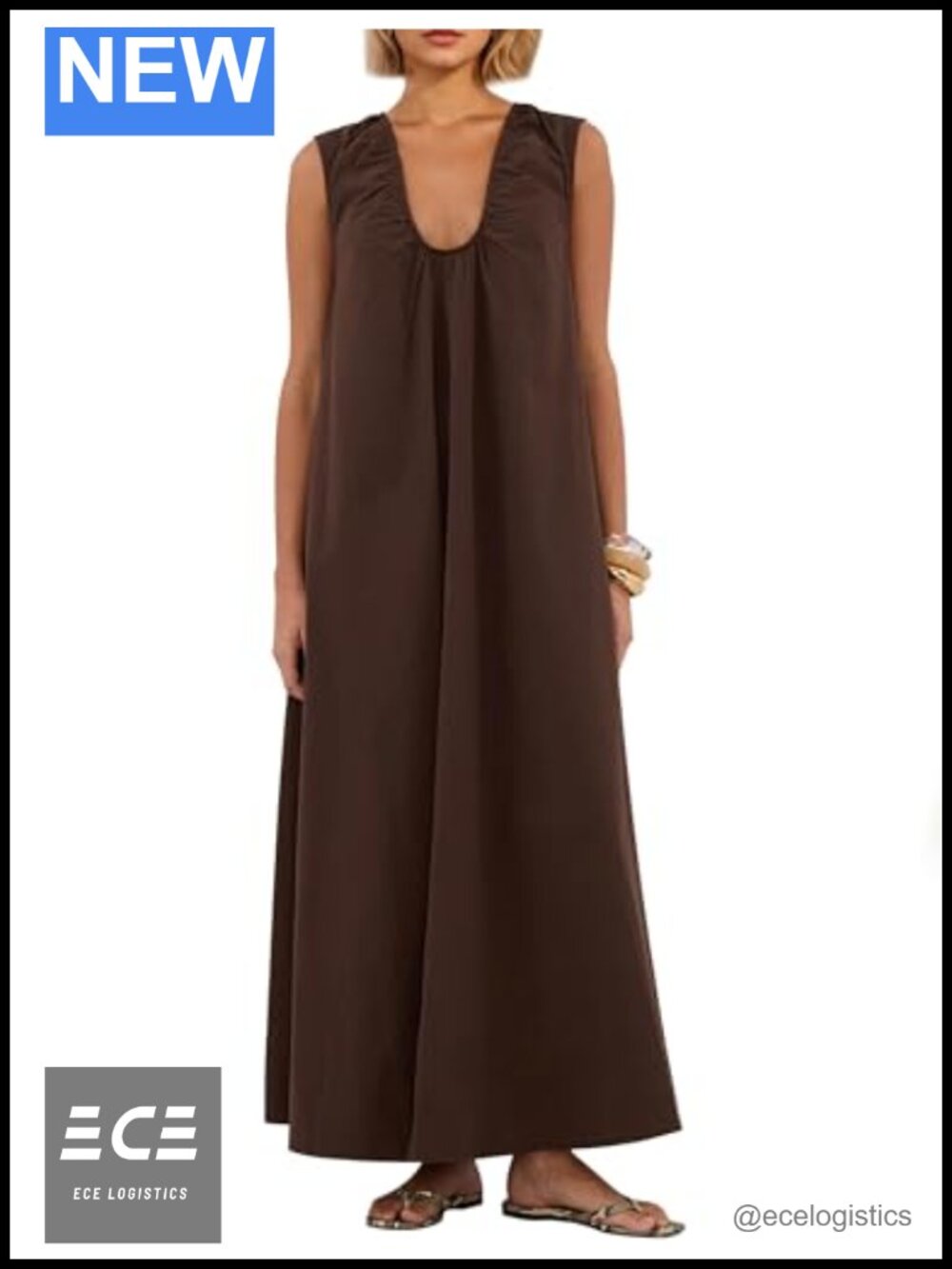 Sleeveless Ruched Maxi Dress Scoop Neck Wide Strap Pockets Cotton